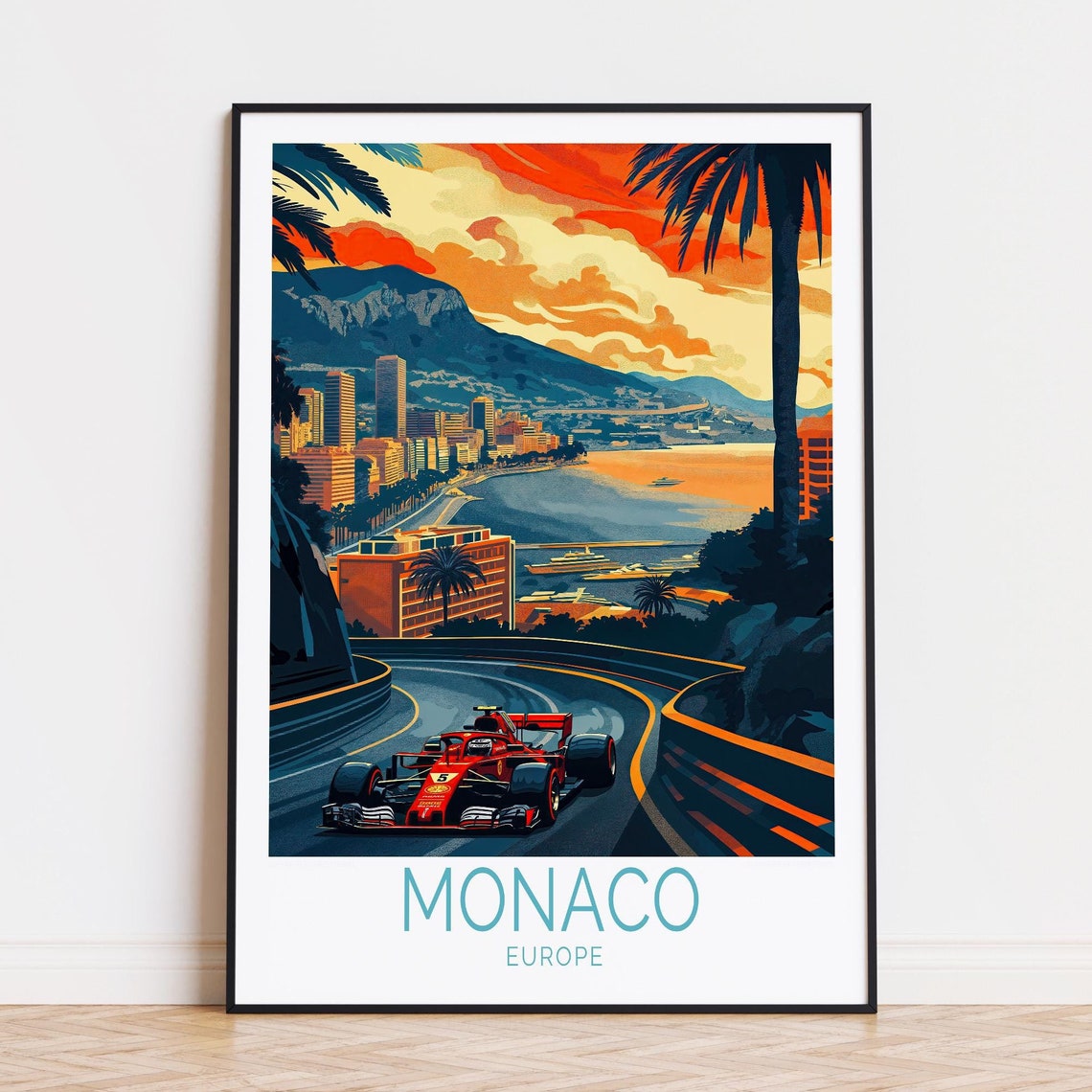 Monaco Grand Prix Formula Race Car Coastal Harbor Sunset Poster