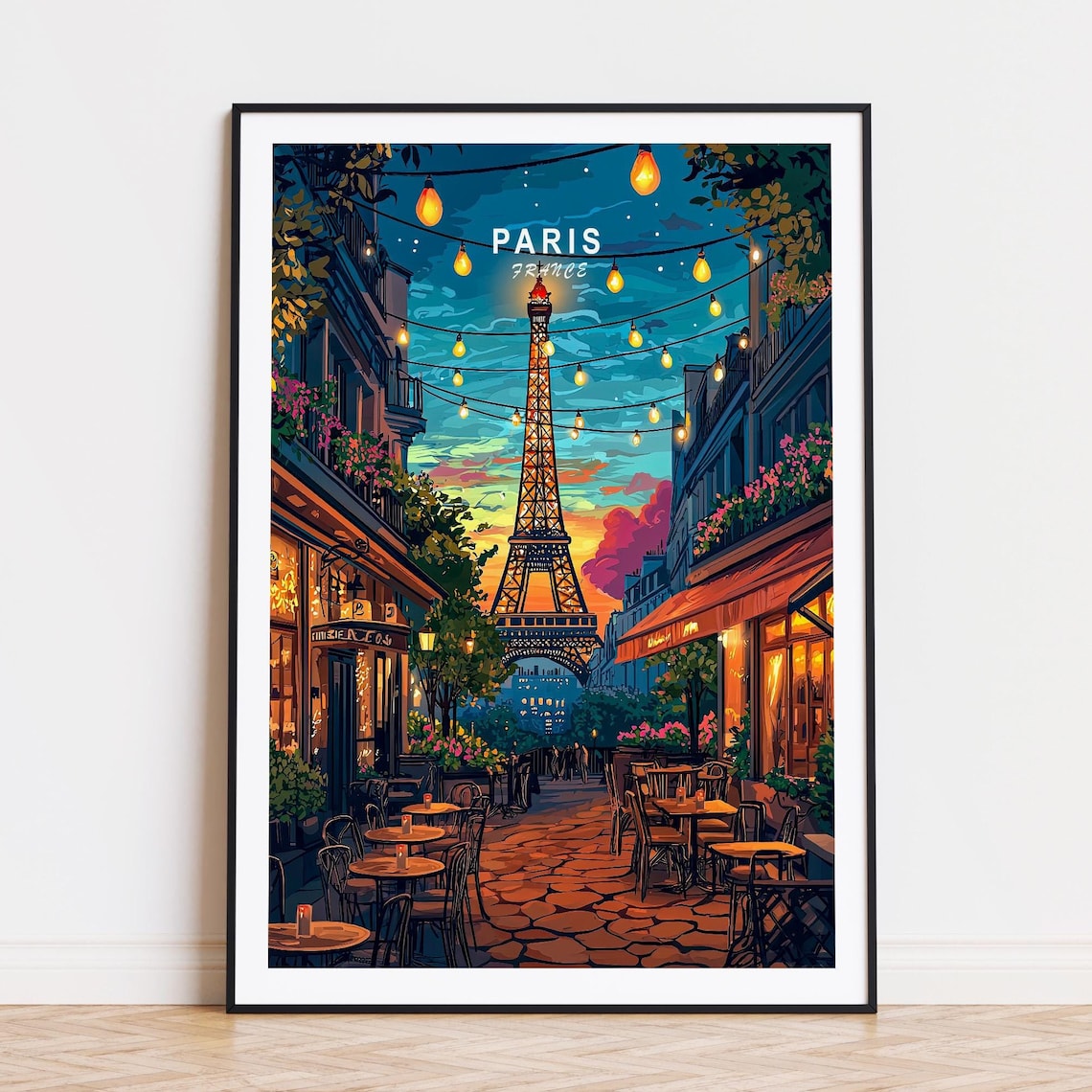 Paris France Eiffel Tower Dusk Cafe Street String Lights Poster