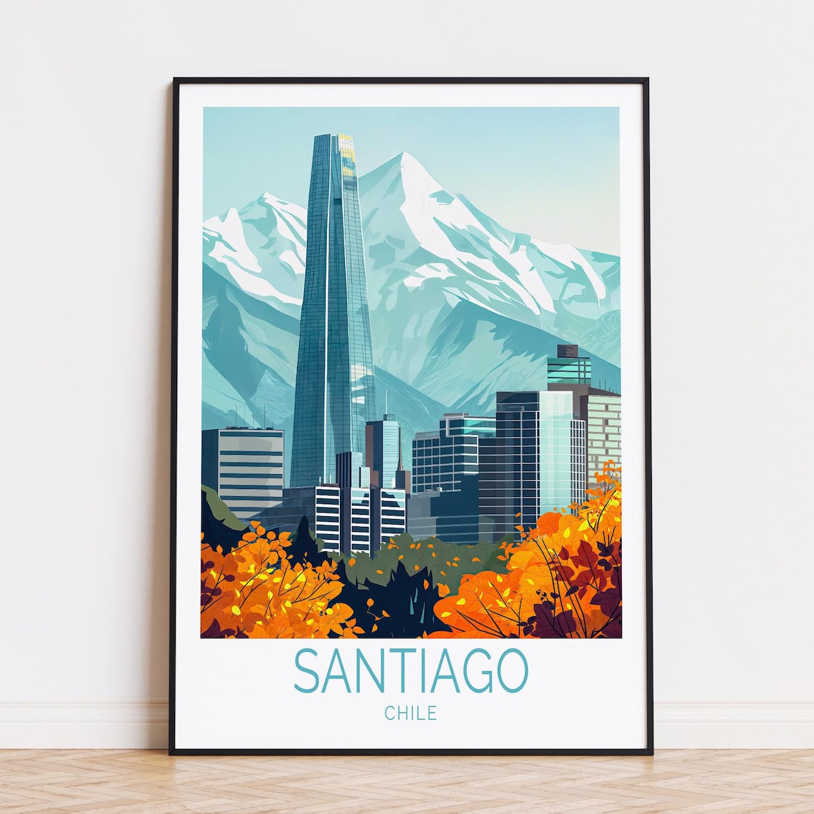 Santiago Chile Skyscraper Andes Mountains Autumn Vintage Travel Poster