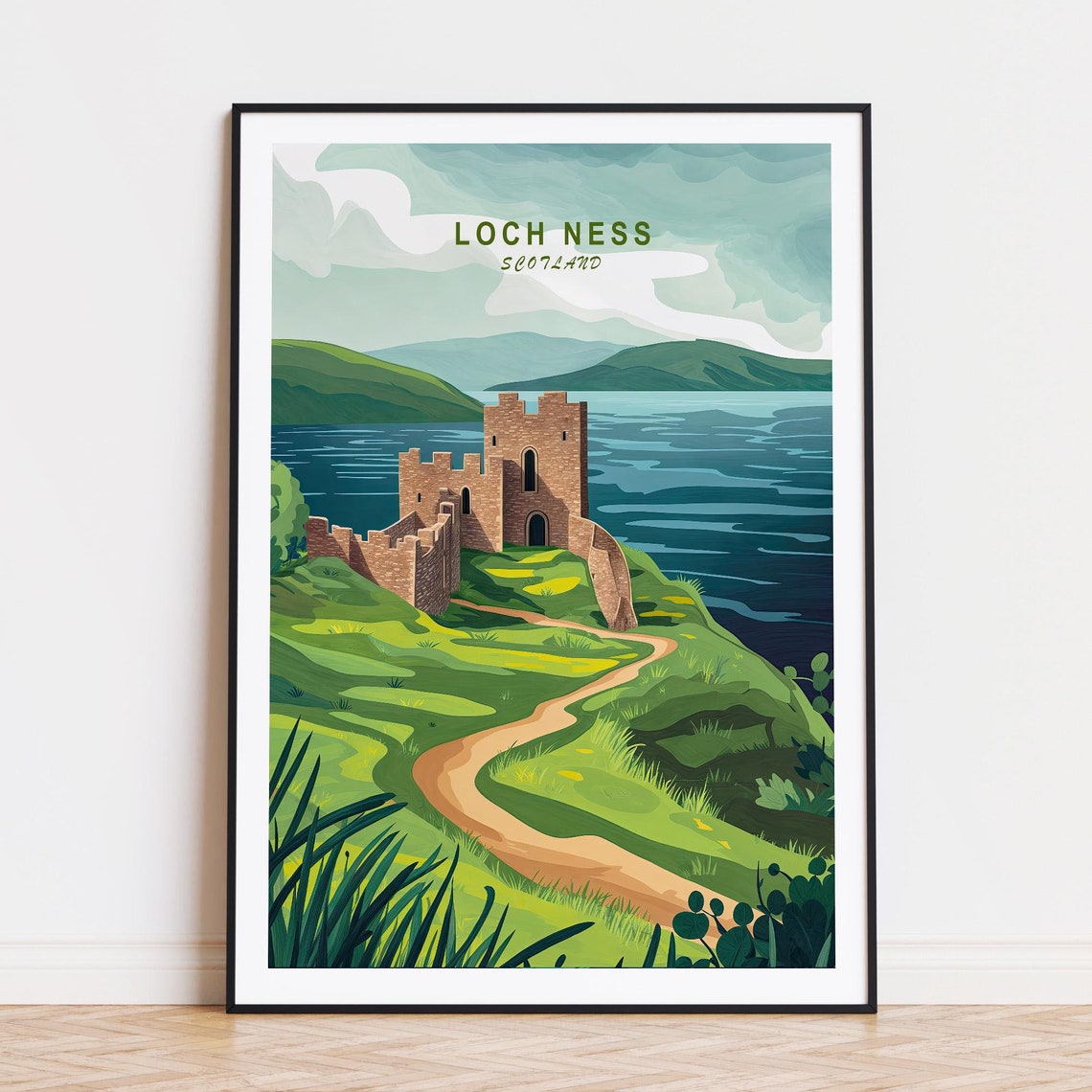 Loch Ness Castle Lakeside Trail Scene With Top Caption Poster