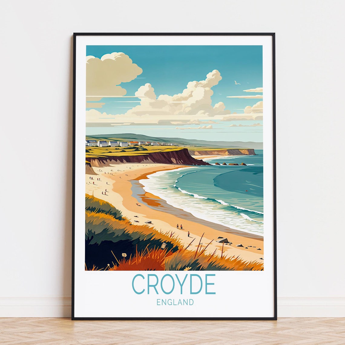Croyde England Golden Sandy Beach Cliffs and Ocean Waves Poster
