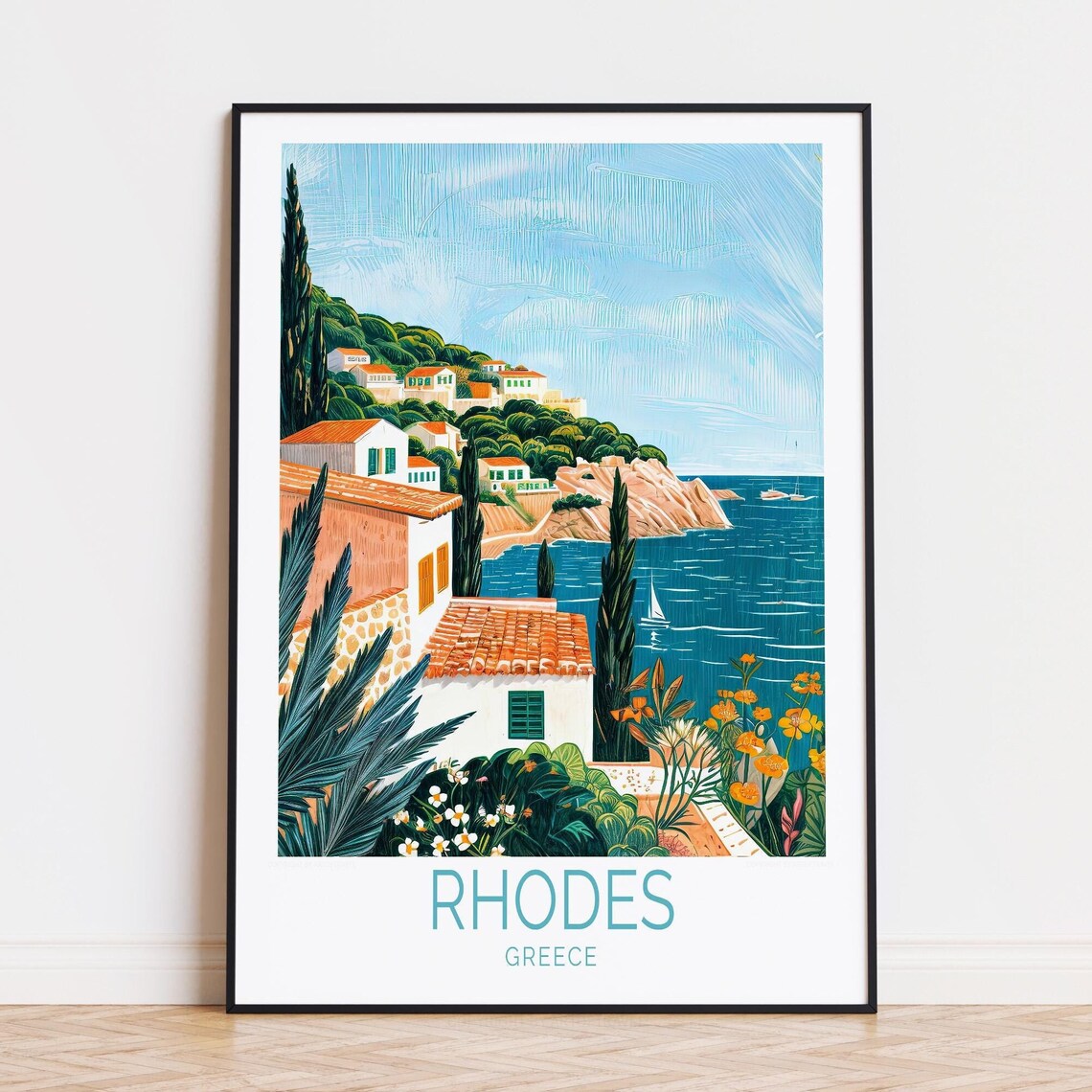 Rhodes Greece Coastal Village White Houses Turquoise Sea Poster