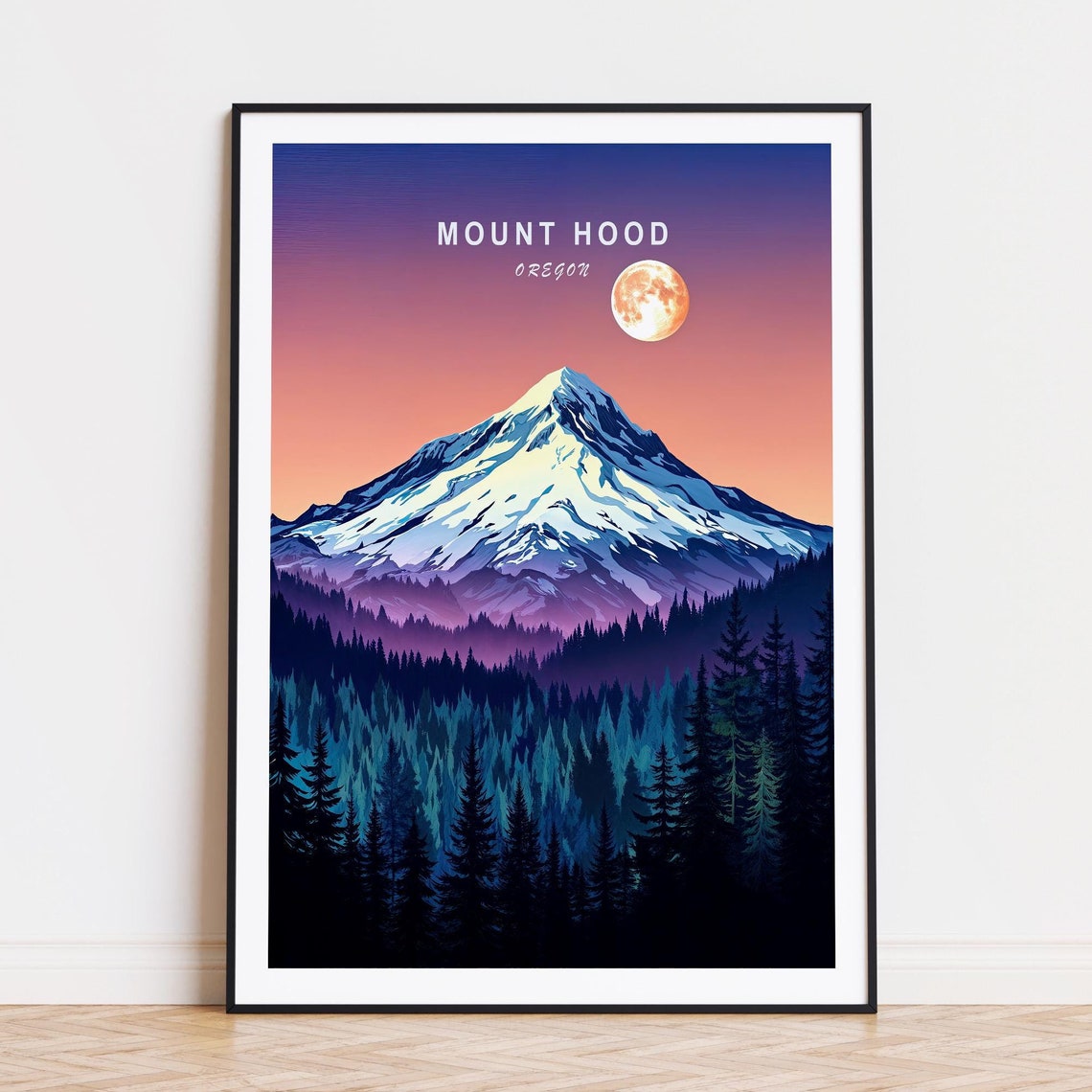 Mount Hood Oregon Sunset Moon Over Snowy Peak and Forest Poster