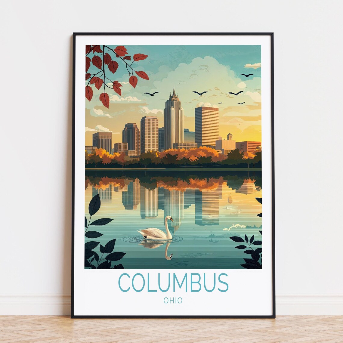 Columbus Ohio Skyline Swan Lake Sunset Vintage Travel Poster