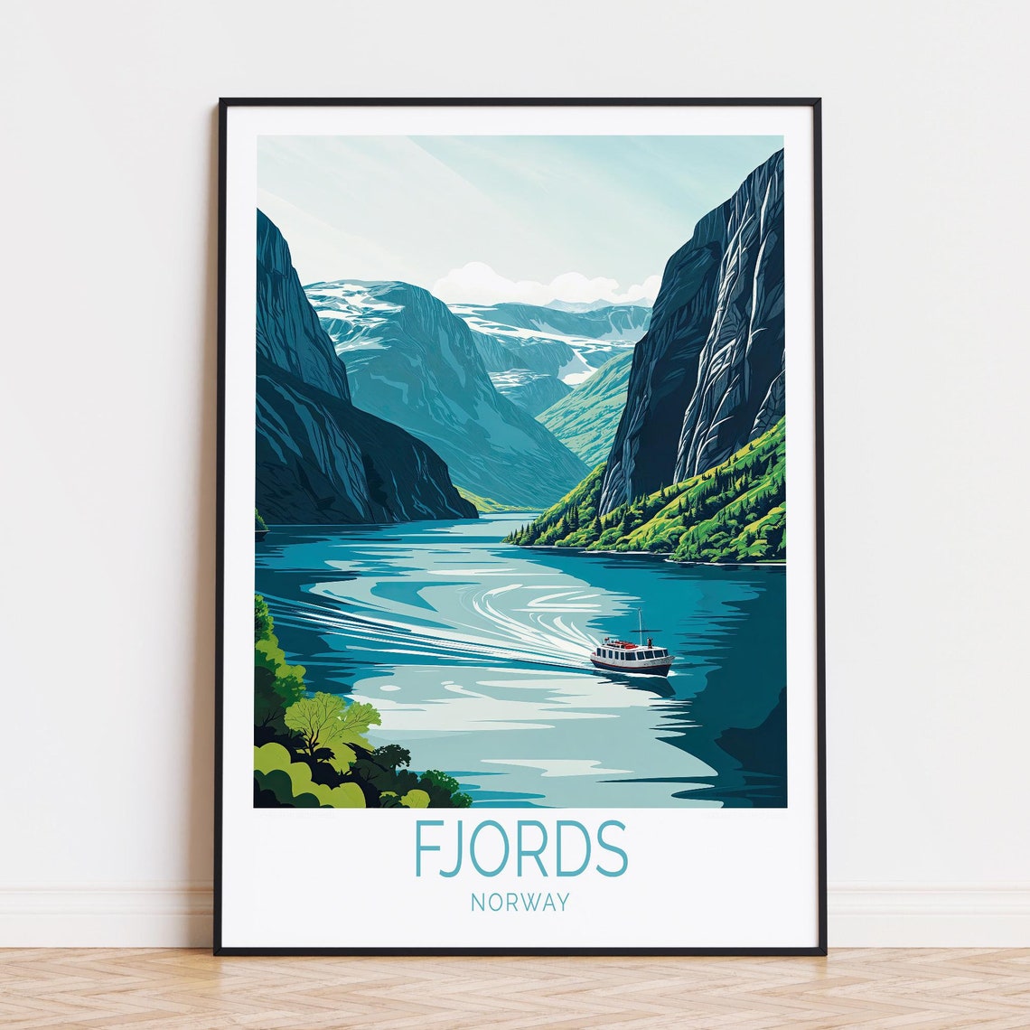 Fjords Norway Cruise Boat Between Steep Glacier Carved Cliffs Poster