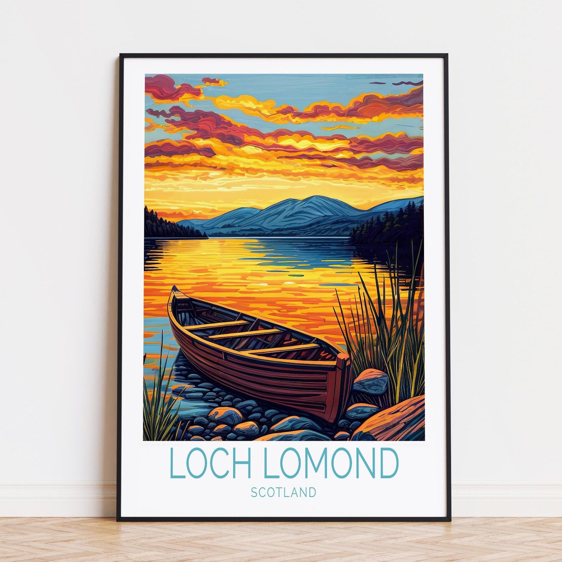 Loch Lomond Scotland Golden Sunset Rowboat Mountain Lake Poster