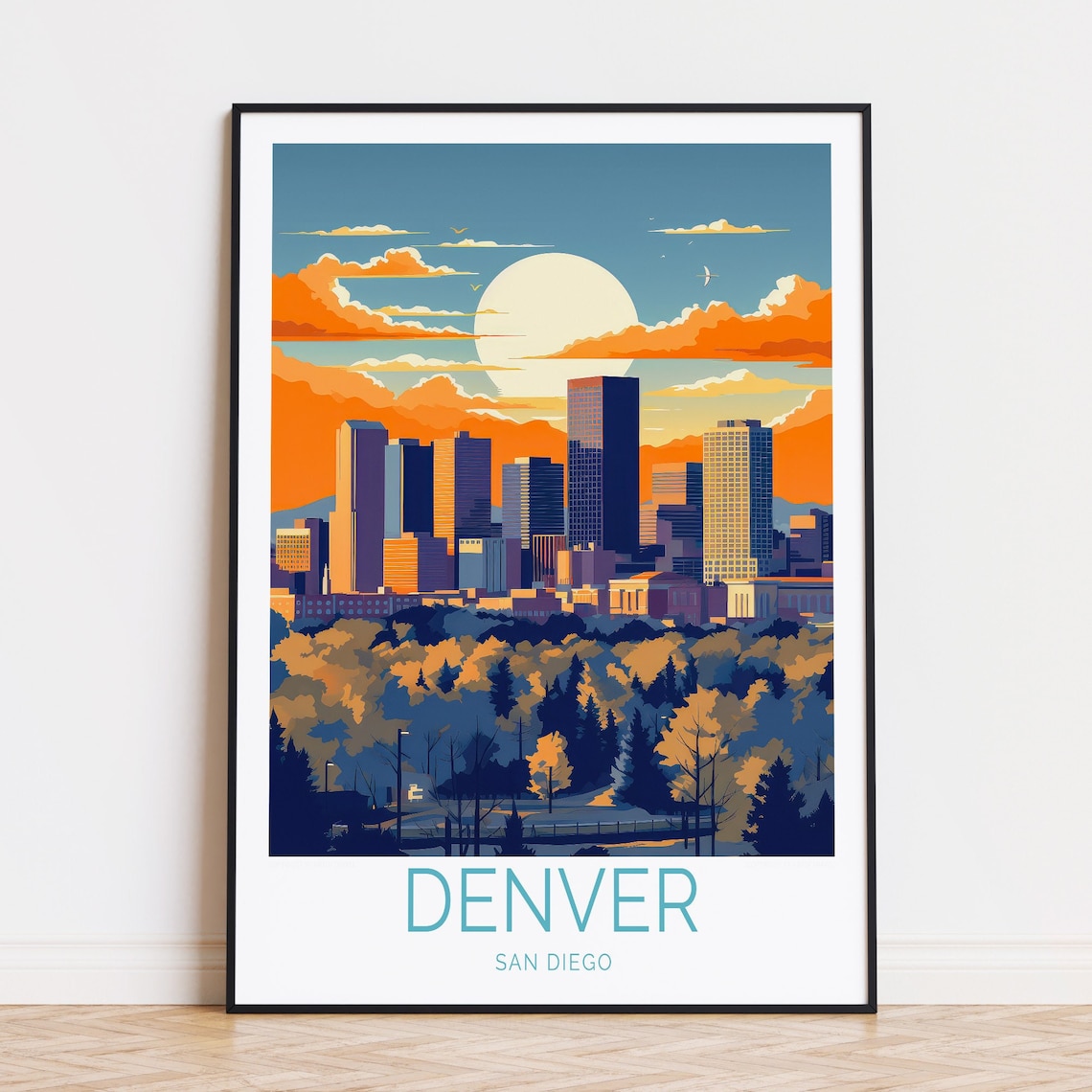 Denver Colorado Sunset Skyline Trees Retro City Travel Poster