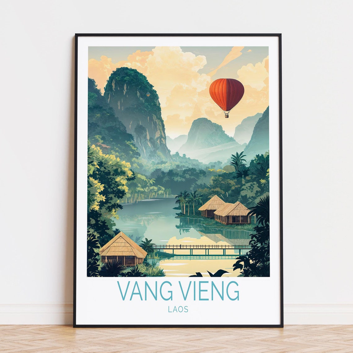 Vang Vieng Laos Karst Mountains River Hot Air Balloon Travel Poster