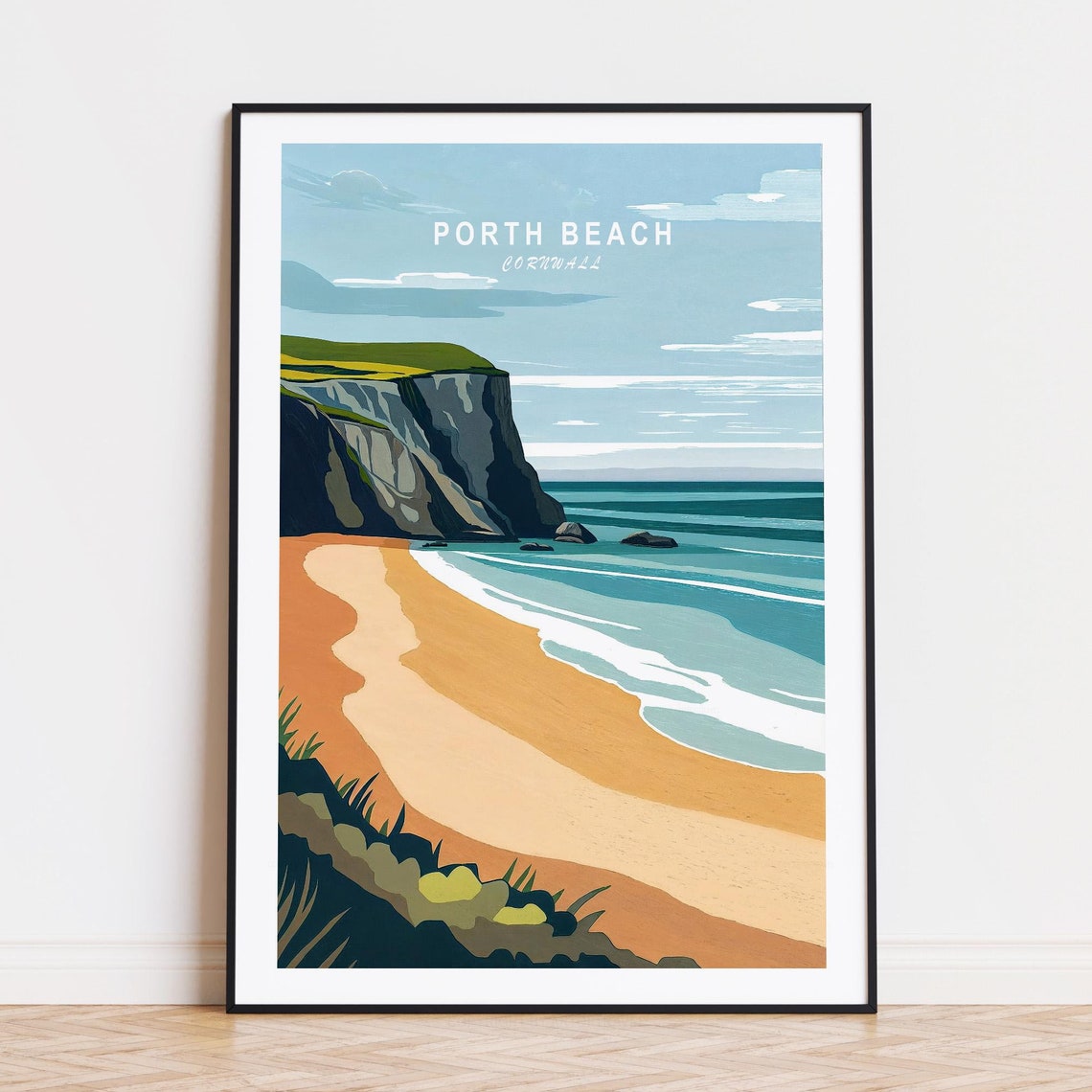 Porth Beach Cornwall Cliff Coast Sandy Cove England Travel Poster