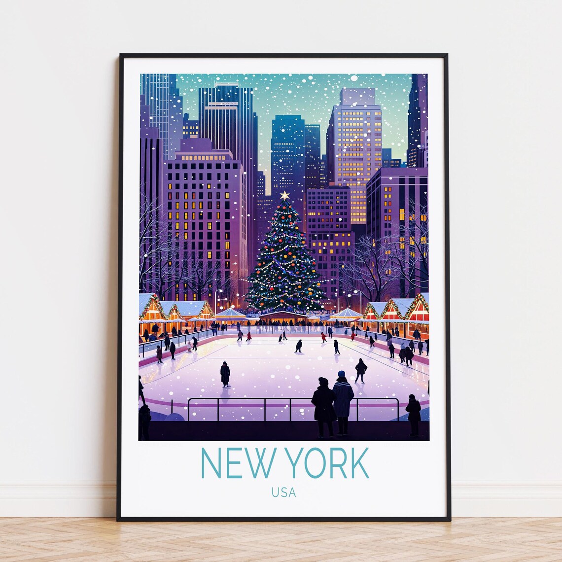 New York USA Winter Ice Rink Christmas Tree City Lights Travel Poster