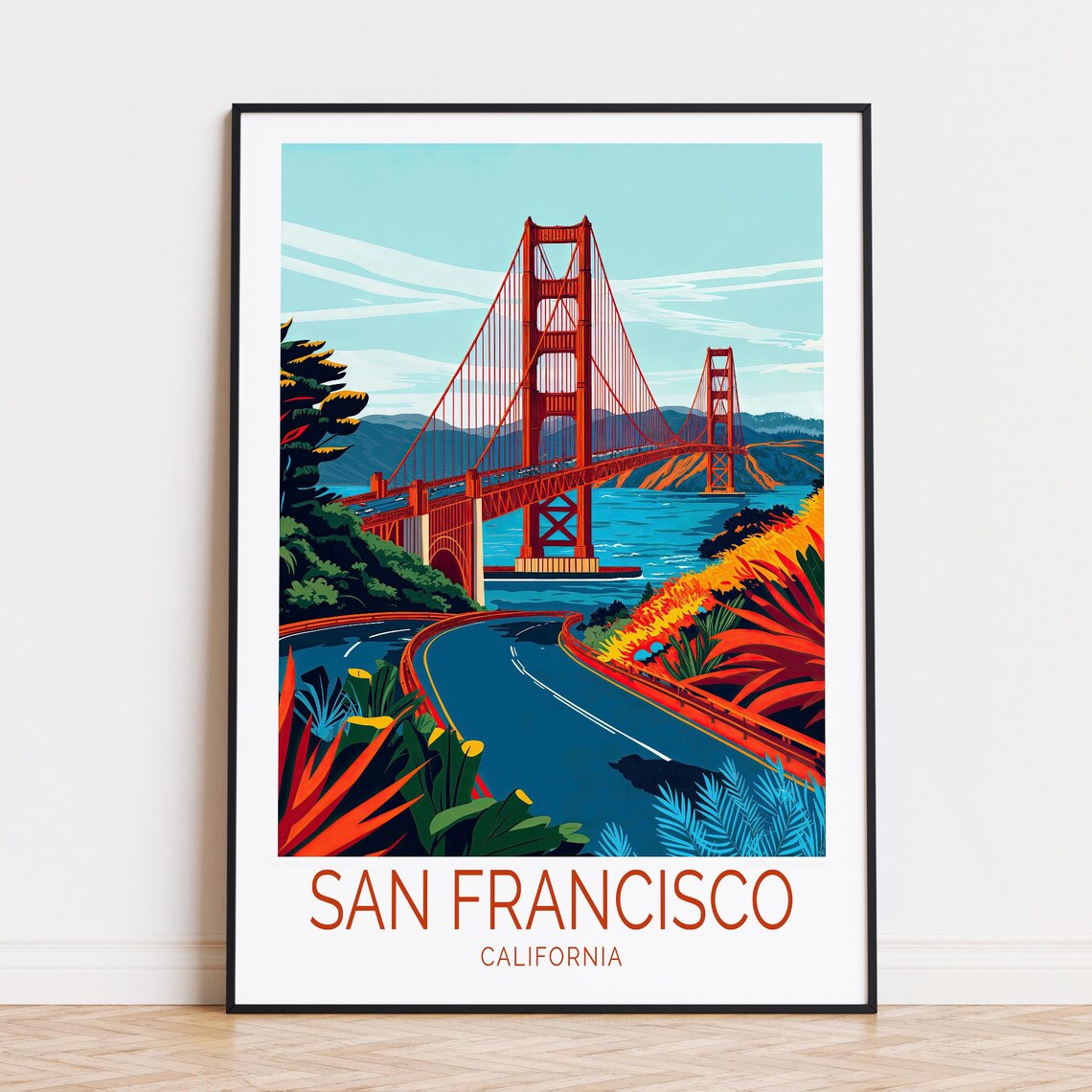 San Francisco Golden Gate Bridge Sunset Road California Travel Poster