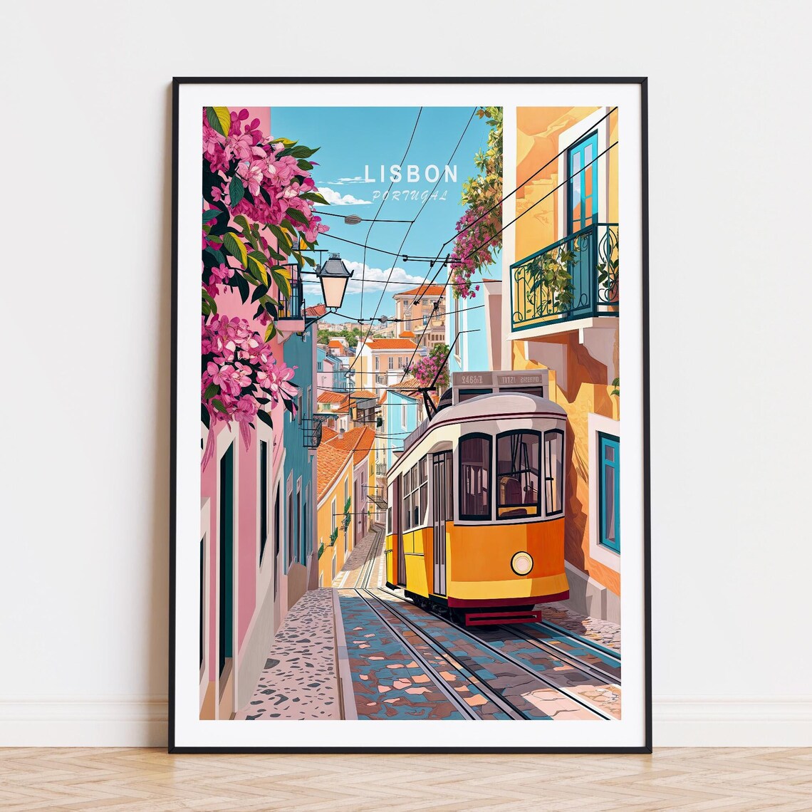 Lisbon Portugal Yellow Tram Cobblestone Street Flowers Travel Poster