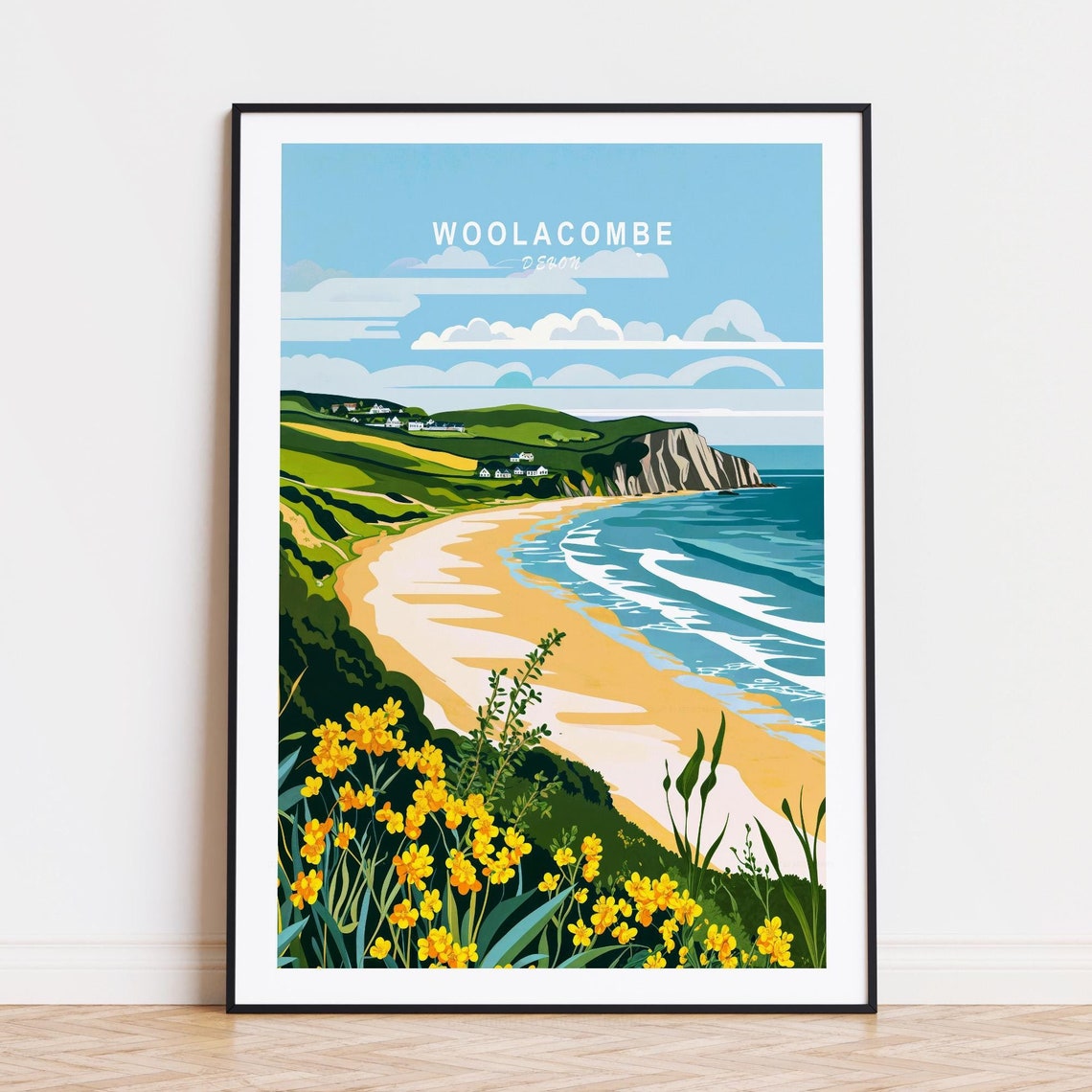Woolacombe Devon Beach with Cliffs and Wildflowers Summer Poster