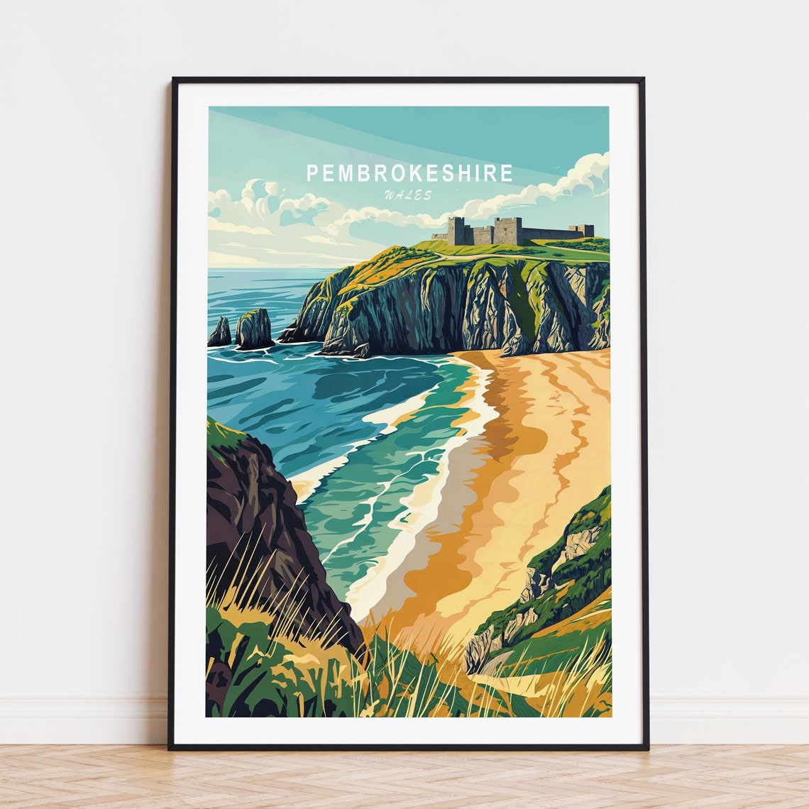 Pembrokeshire Wales Cliffside Castle Sandy Beach Coast Travel Poster