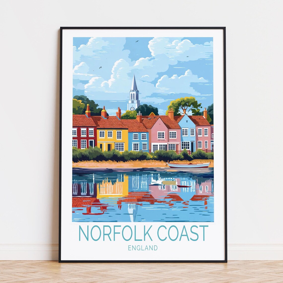 Norfolk Coast England Church Spire Cottages Waterfront Travel Poster