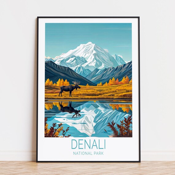 Denali National Park Moose Under Snow Capped Mountain Reflection Poster