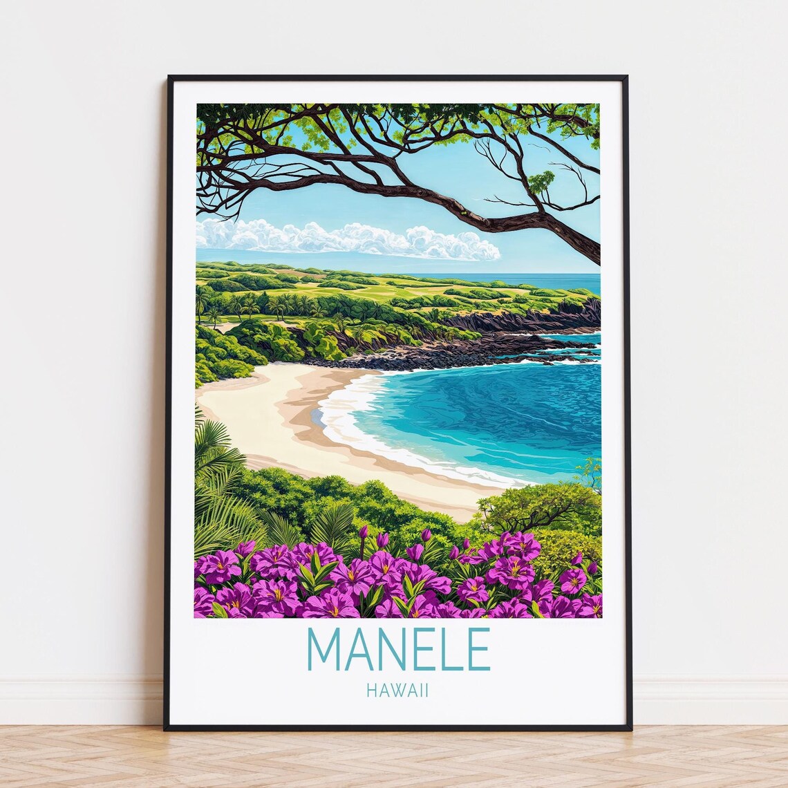 Manele Hawaii White Sand Cove Purple Flowers Vintage Travel Poster
