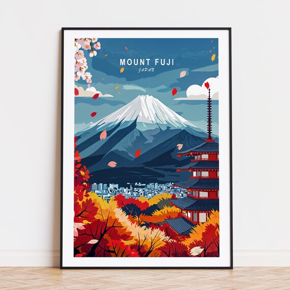 Mount Fuji Japan Autumn Pagoda Cherry Blossom Snow Peak Travel Poster