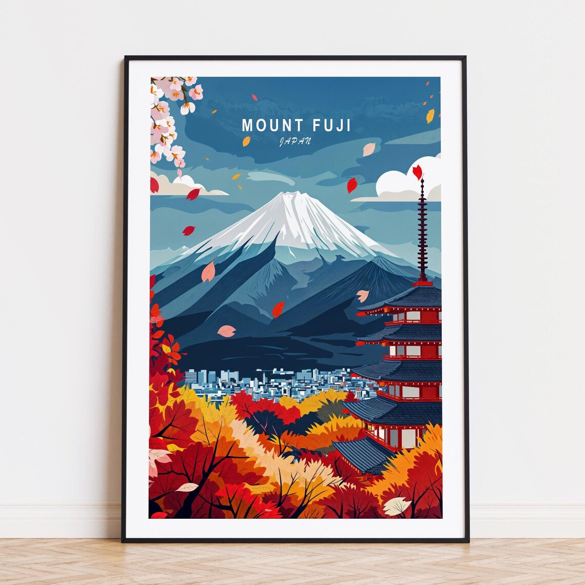 Mount Fuji Japan Autumn Pagoda Cherry Blossom Snow Peak Travel Poster