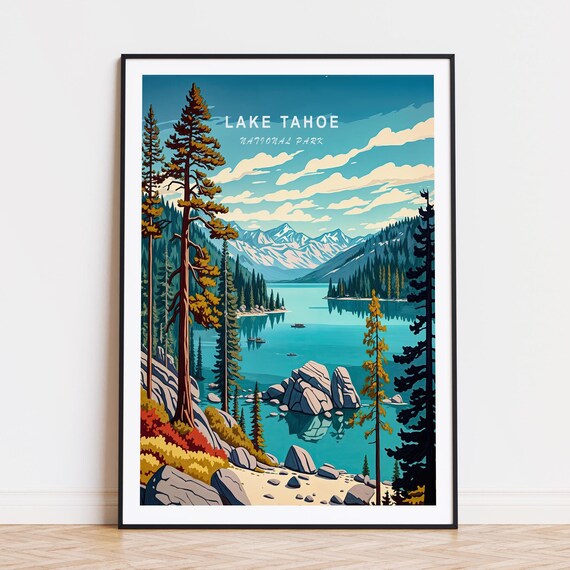 Lake Tahoe Turquoise Lake Boats Pine Shores Sky Lettering Poster