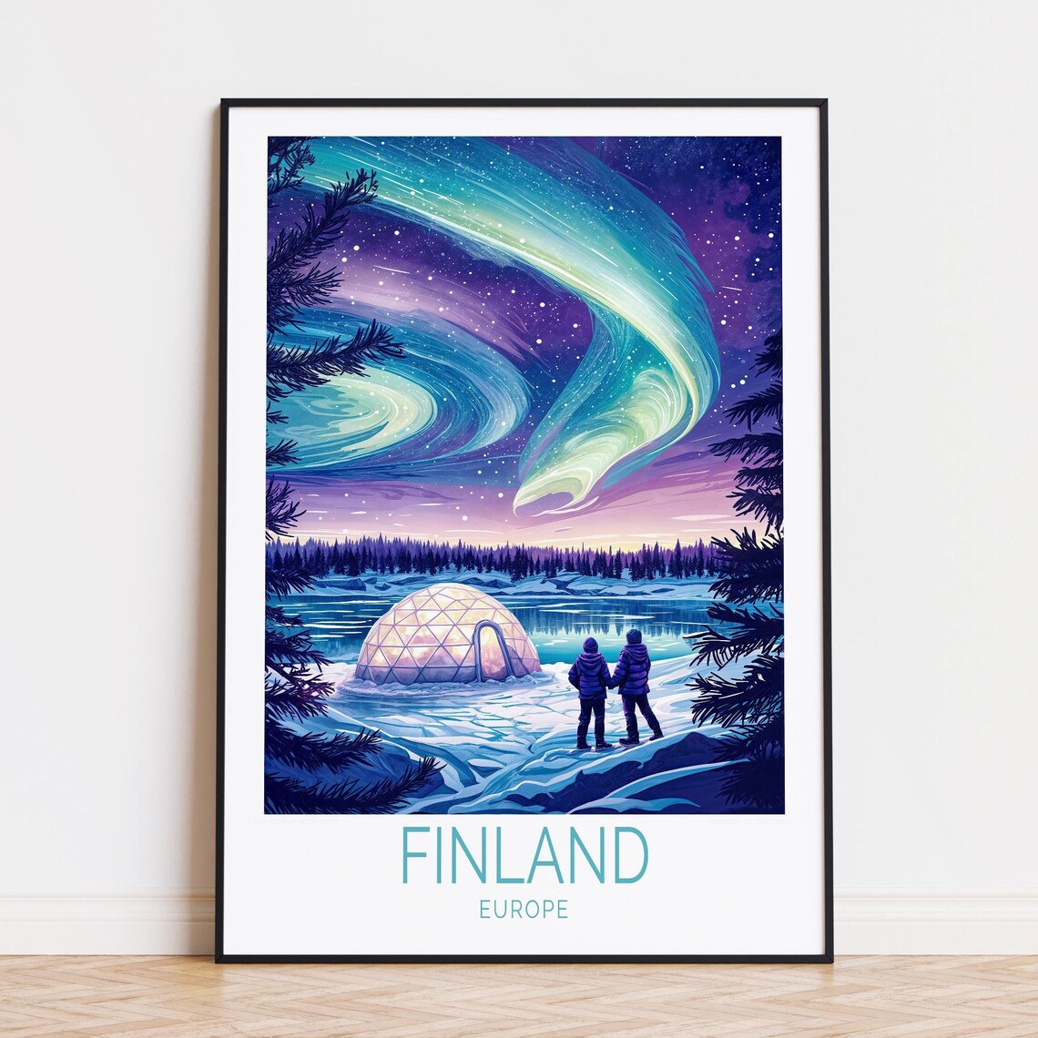 Finland Northern Lights Glass Igloo Couple Winter Night Travel Poster