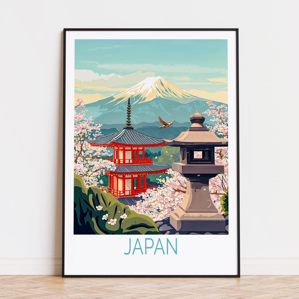 Japan Mount Fuji Cherry Blossoms Pagoda and Stone Lantern Poster