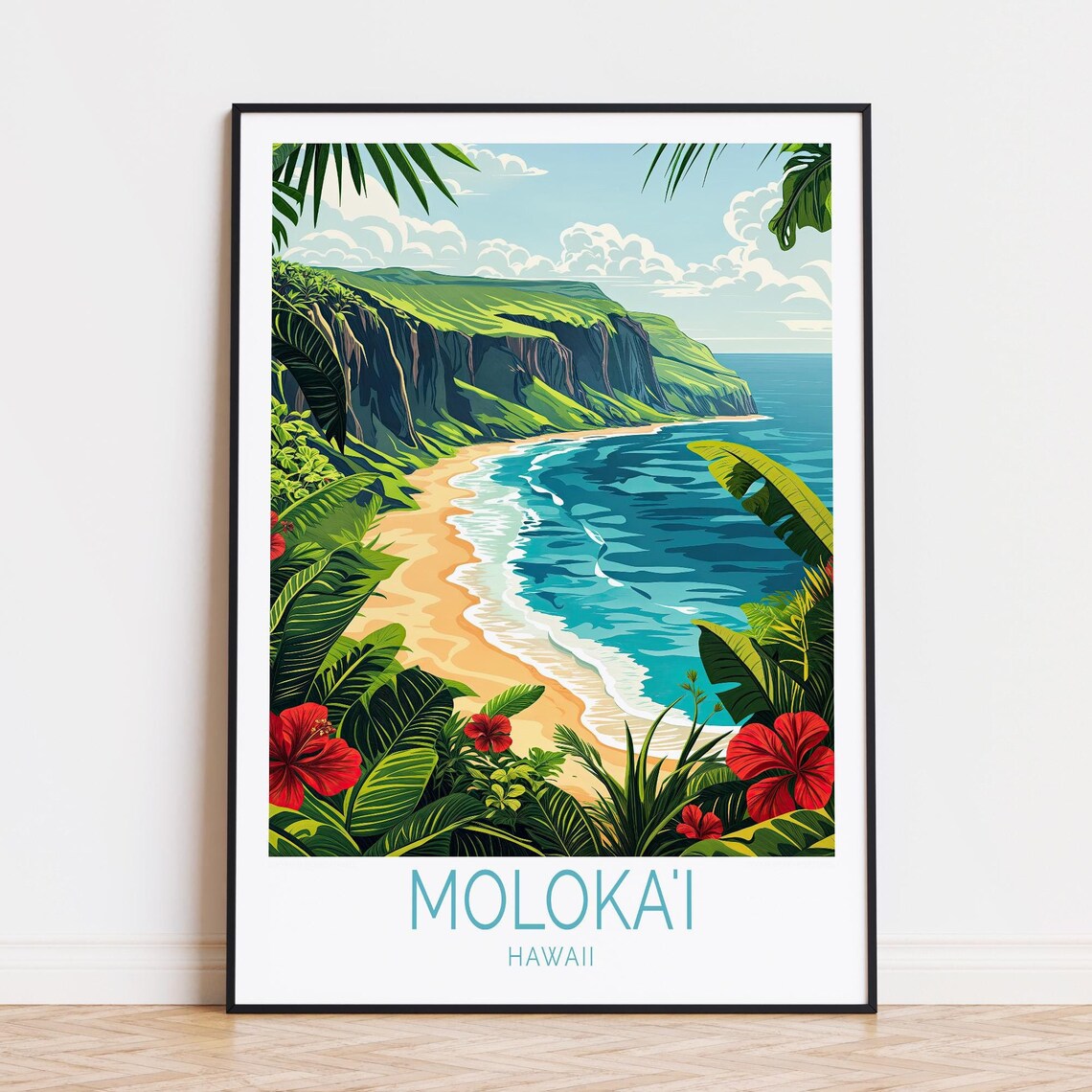 Molokai Hawaii Sea Cliffs Beach Red Hibiscus Vintage Travel Poster