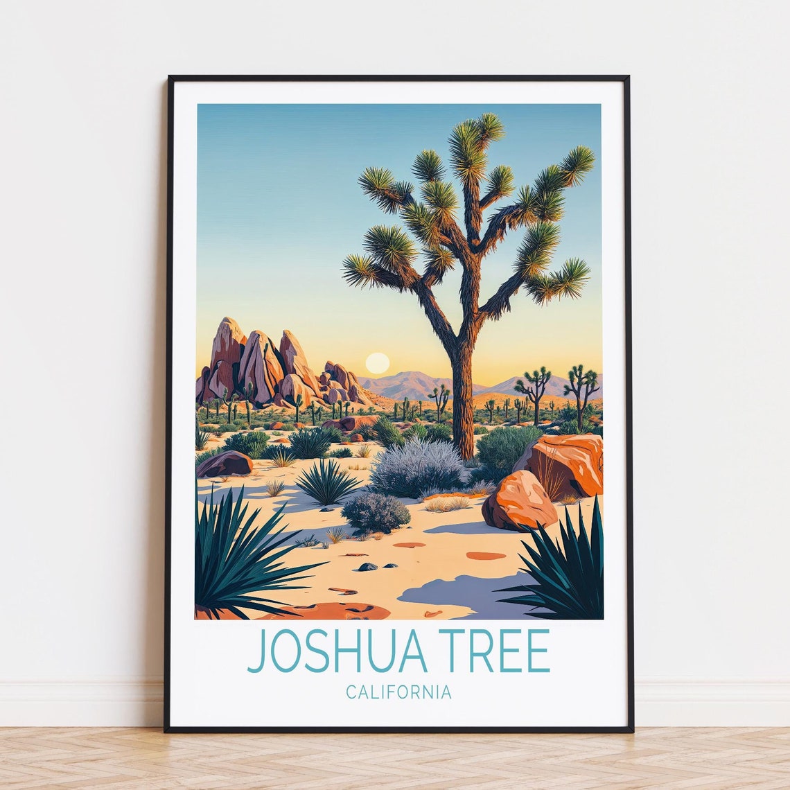 Joshua Tree Sunset Desert Glowing Orange Rocks Caption Below Poster