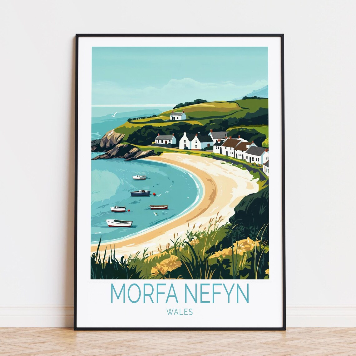 Morfa Nefyn Wales Coastal Bay Village Fishing Boats Travel Poster