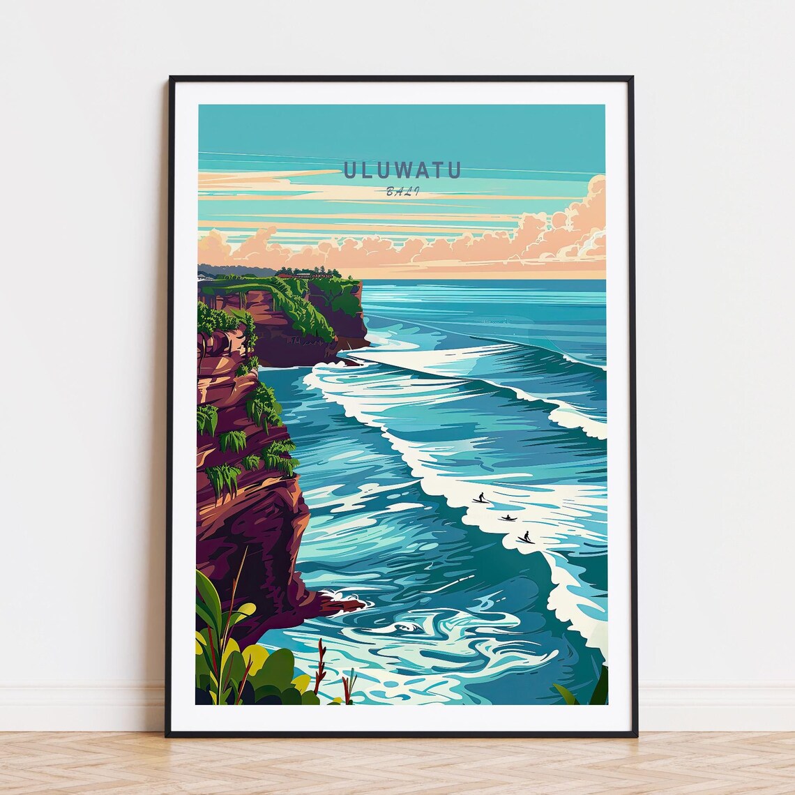 Uluwatu Bali Surfing Cliffs Turquoise Ocean Waves Travel Poster