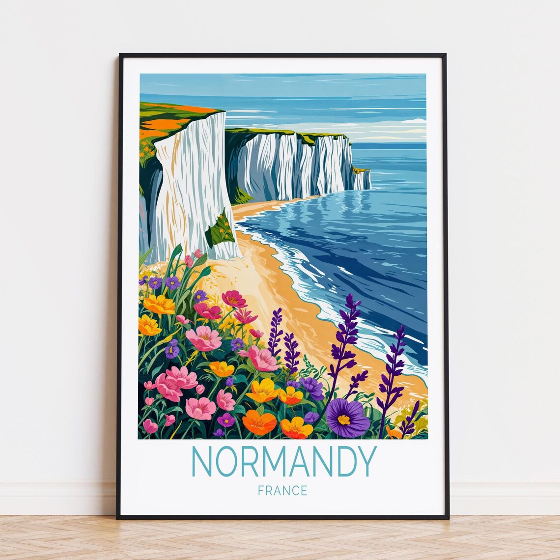 Normandy France White Chalk Cliffs Blooming Wildflowers Poster