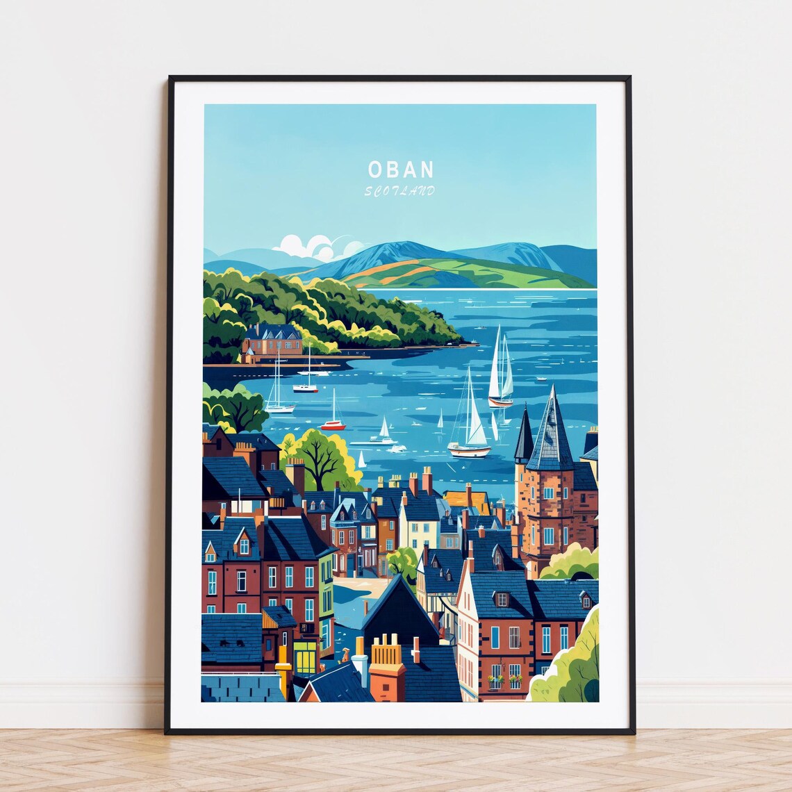 Oban Scotland Harbor Sailboats Coastal Town Travel Art Poster