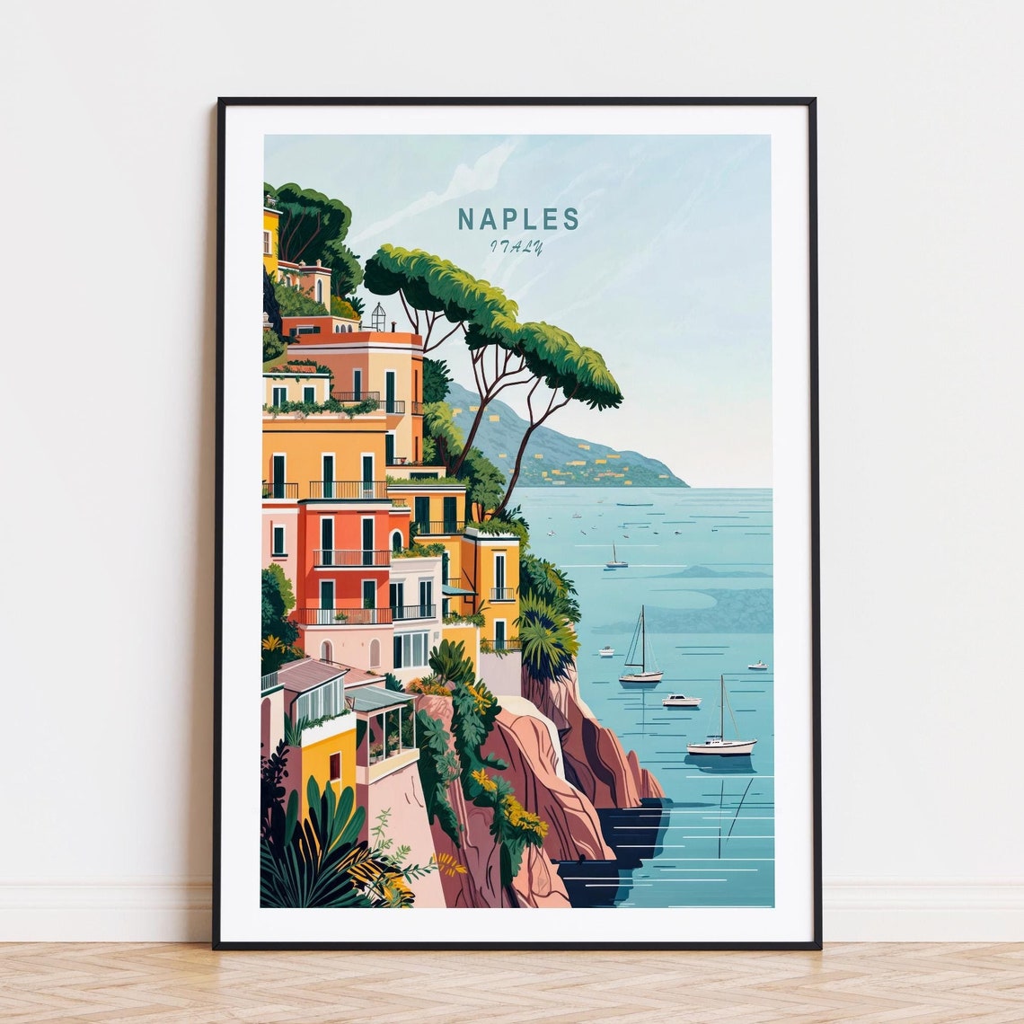 Naples Italy Cliffside Buildings Overlooking Bay At Sunset Poster