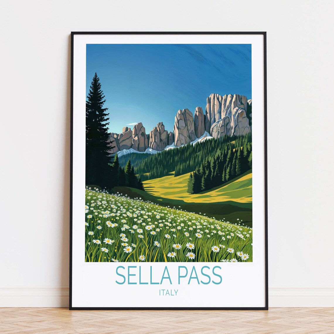 Sella Pass Italy Dolomites Rocky Peaks Wildflower Meadow Travel Poster