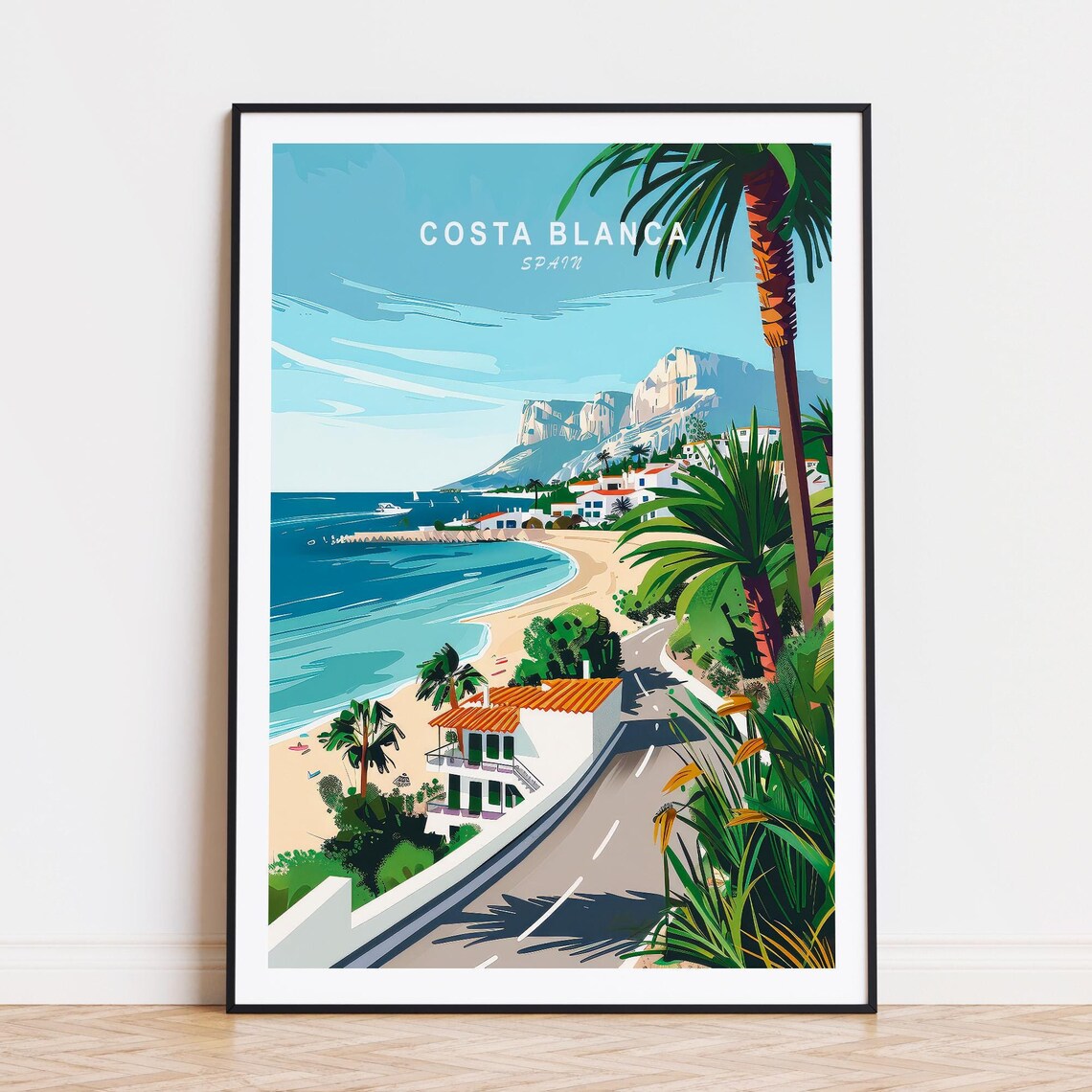 Costa Blanca Spain Beach Road Palms Cliffs Coastal Travel Poster