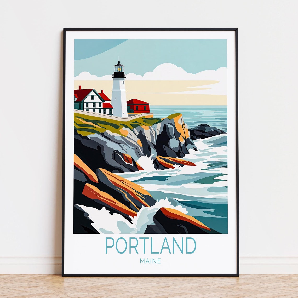 Portland Maine Lighthouse Rocky Cliffs Crashing Waves Travel Poster