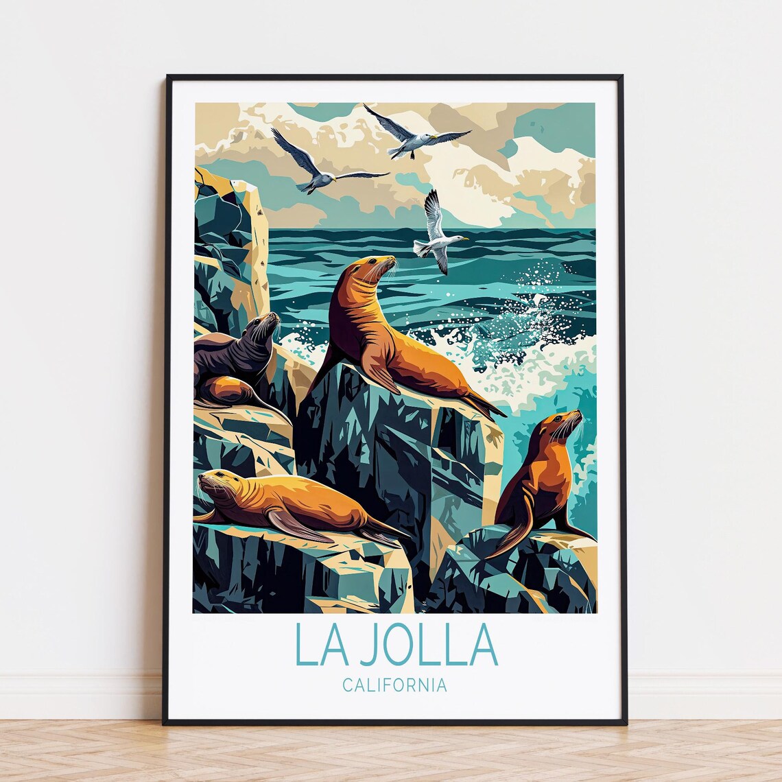 La Jolla California Sea Lions Rocky Coast Vintage Travel Poster