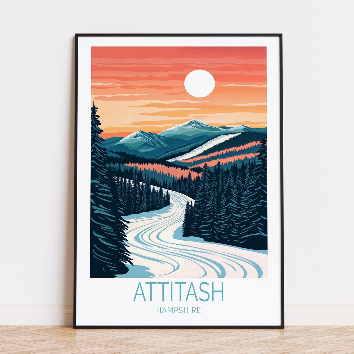 Attitash Hampshire Snowy Mountain Ski Trail Sunset Travel Poster