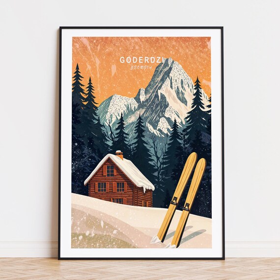 Goderdzi Georgia Log Cabin Skis Snowy Peak Sunset Alpine Poster