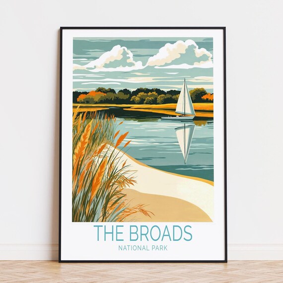 The Broads National Park Travel Poster Sailboat And Reeds Scene