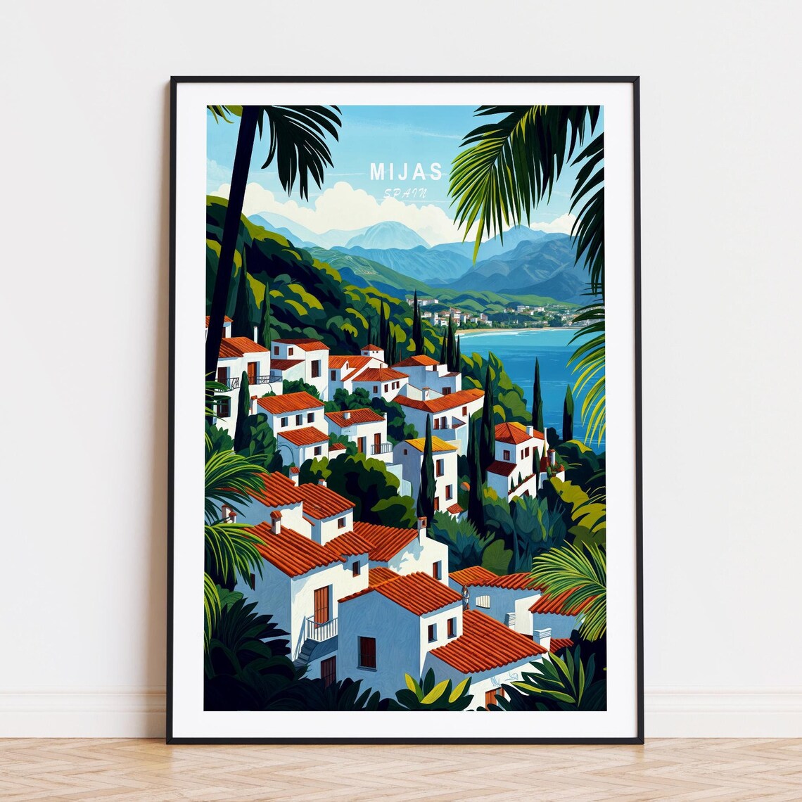 Mijas Spain White Hillside Village Palm Framed Sea View Poster