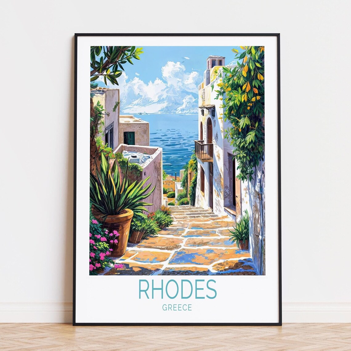 Rhodes Greece Sunlit Stone Alley Seaside Town Travel Art Poster