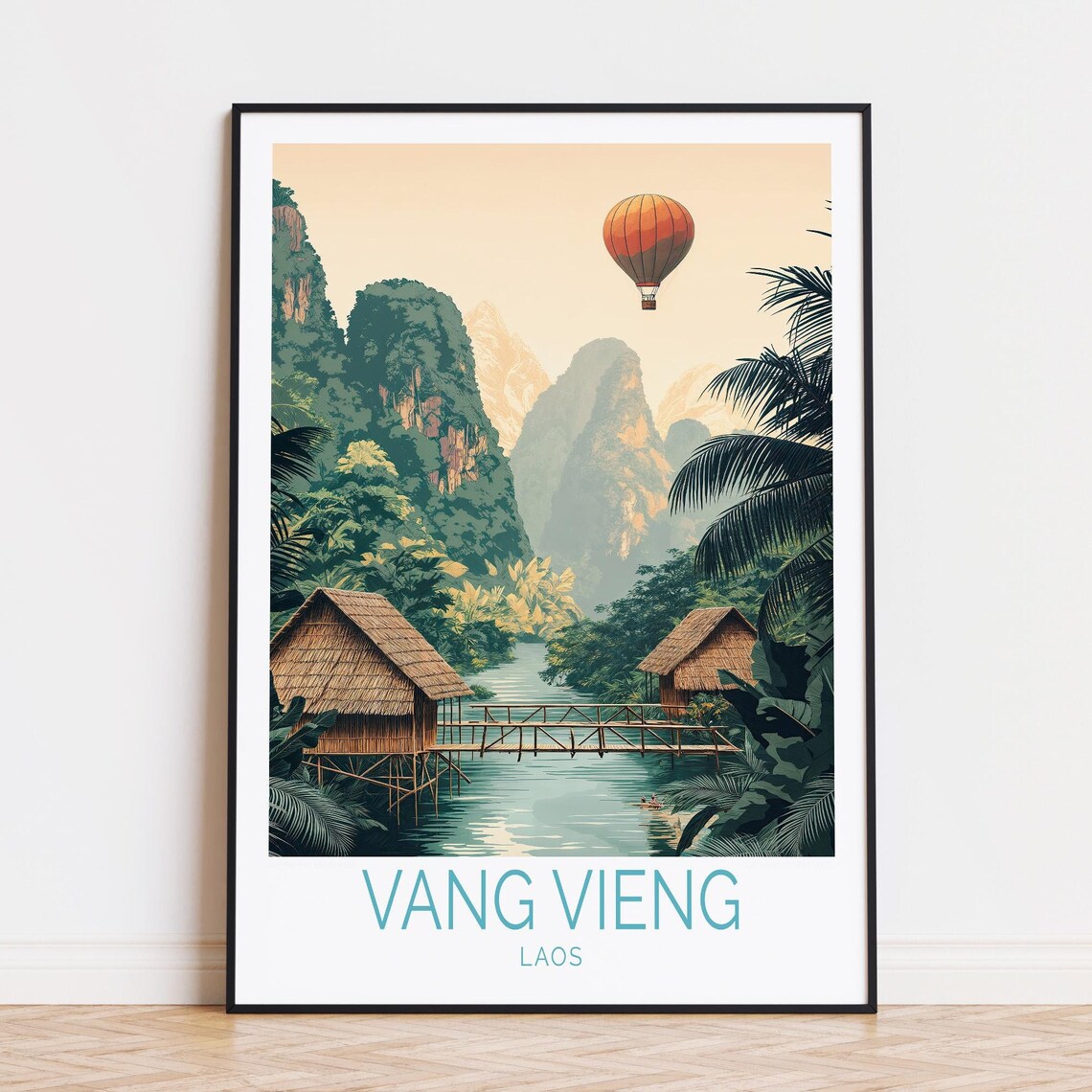 Vang Vieng Laos Hot Air Balloon Jungle Vintage Travel Poster