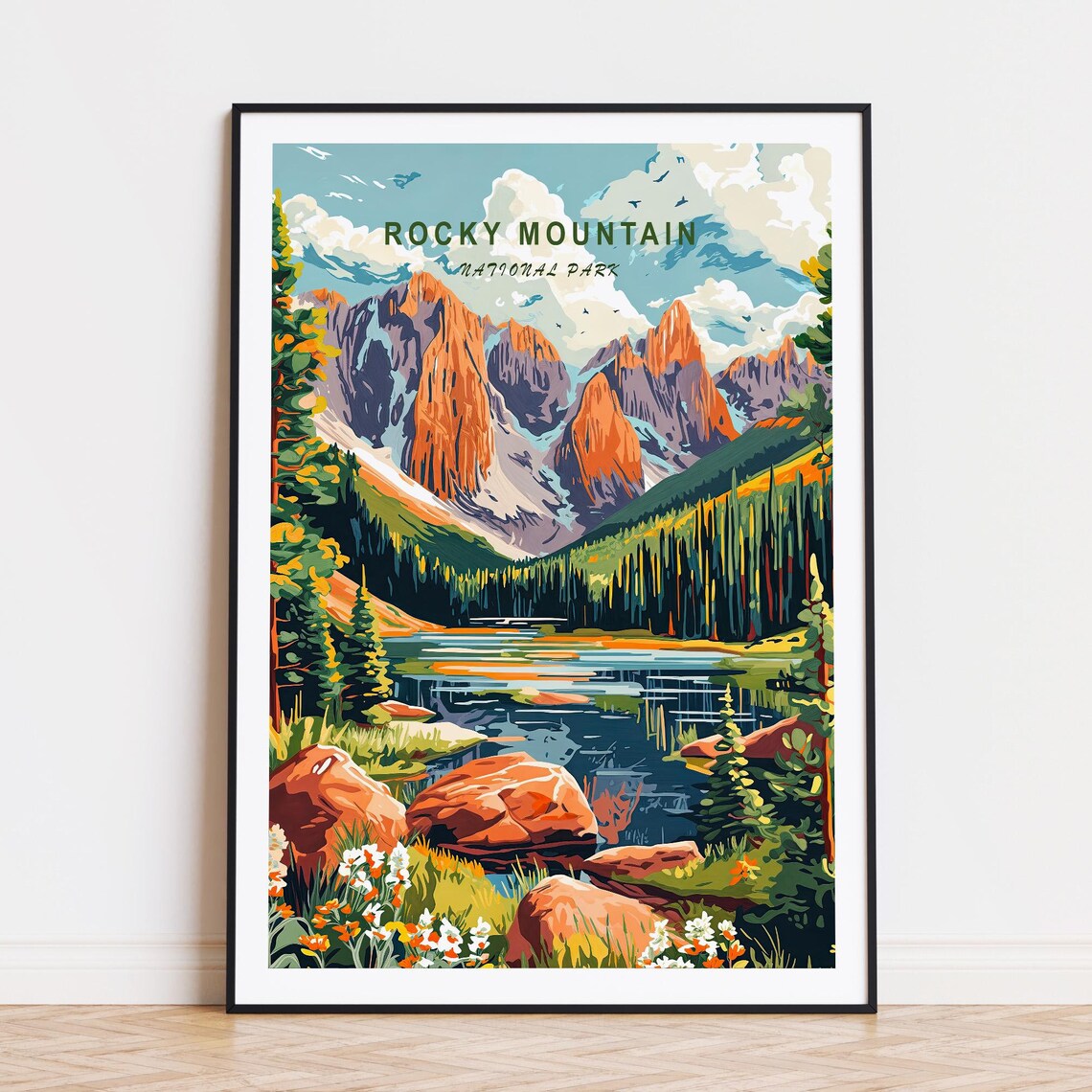 Rocky Mountain Alpine Lake Jagged Red Peaks Sky Lettering Poster