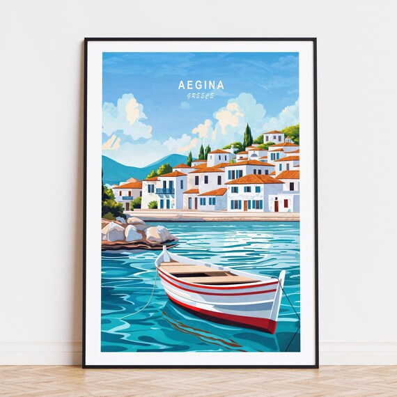 Aegina Greece Aegean Village Fishing Boat Blue Sea Travel Poster