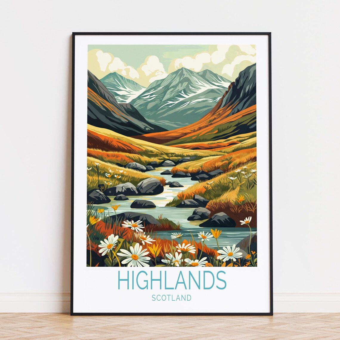 Highlands Scotland Mountain Stream Wildflowers Autumn Valley Poster