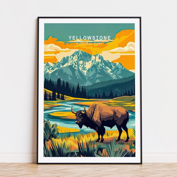 Yellowstone Bison Sunset River Sky Lettering Wildlife Poster