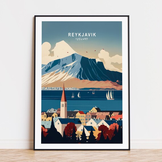 Reykjavik Iceland Harbor Sailboats Church Spire Mountain View Poster
