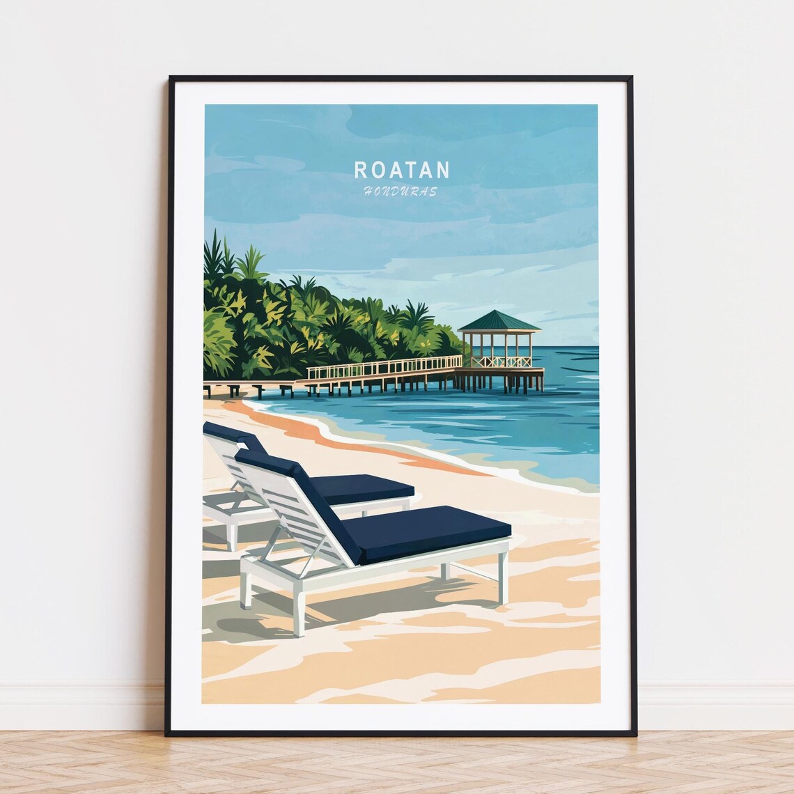 Roatan Honduras Palm Beach Overwater Gazebo Relaxation Travel Poster