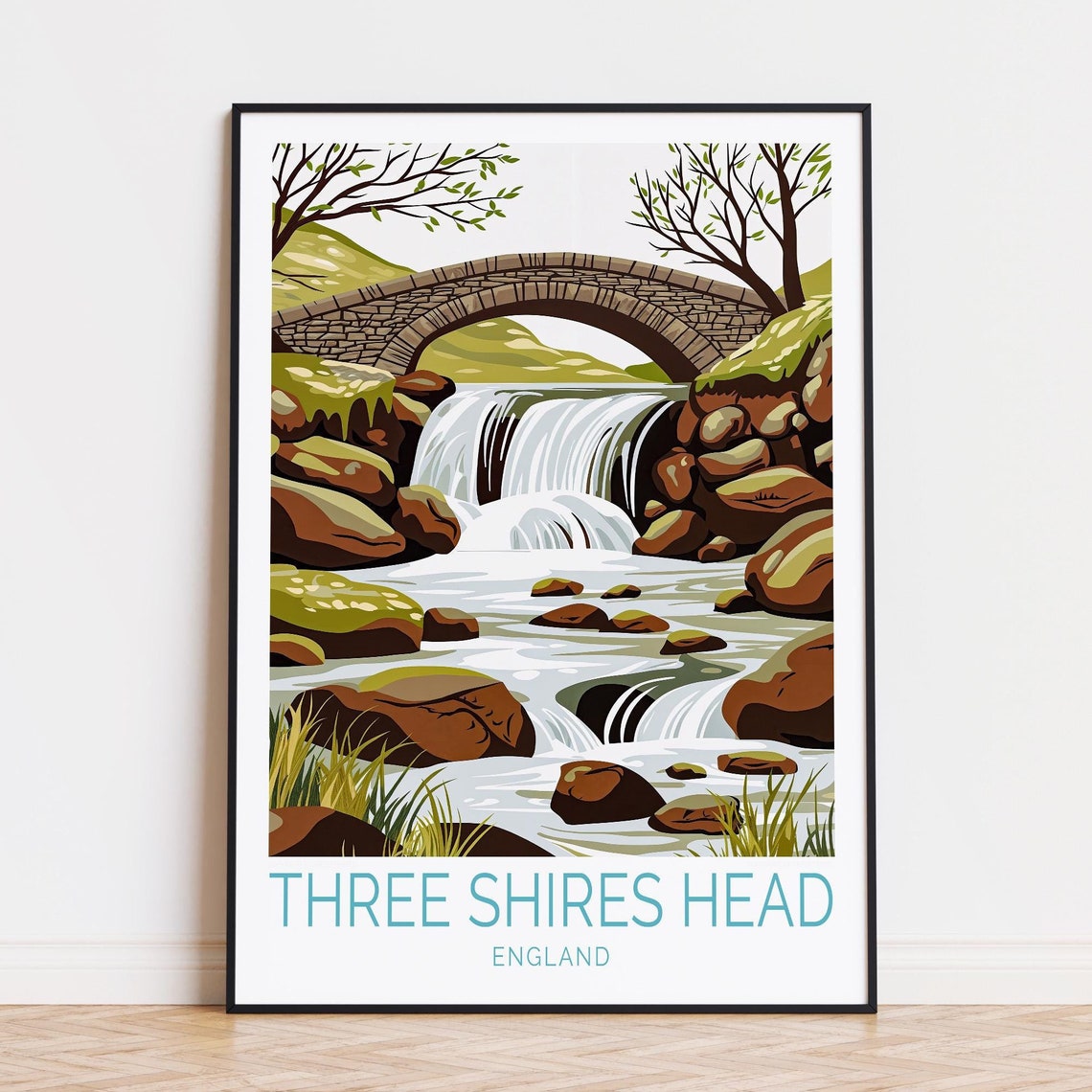 Three Shires Head England Stone Bridge Waterfall Travel Poster